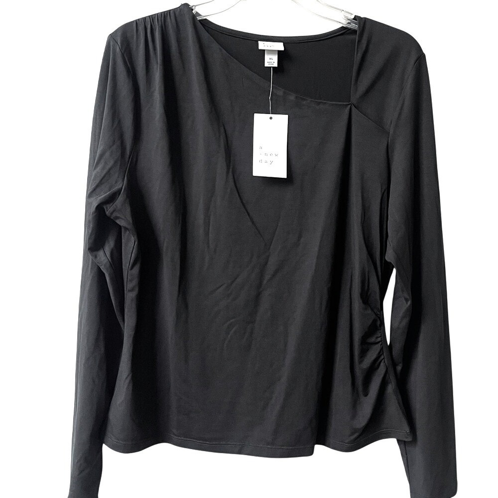 a new day Long Sleeve Asymmetrical Neckline Top Womens XL Black Draped NWT